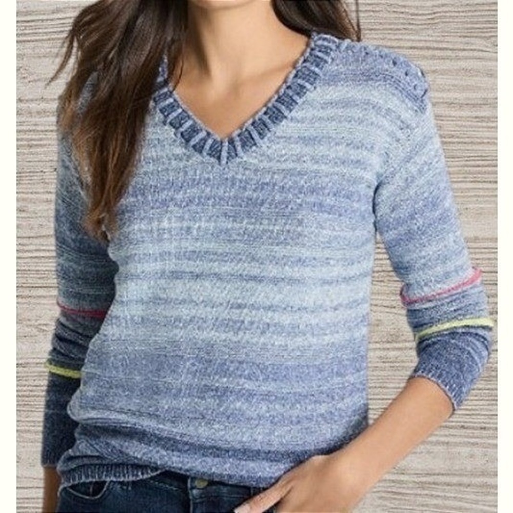 Nic & Zoe Denim Days Sweater M Blue Space Dye Ombre Braided V-Neck Cotton Blend